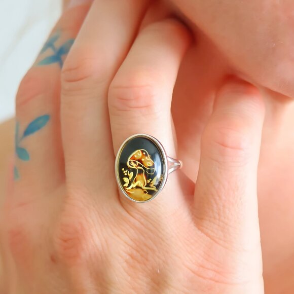 Baltic Amber Mushroom Ring -Hand Carved Cameo, 925 Sterling Silver, Adjustable - Picture 1 of 6
